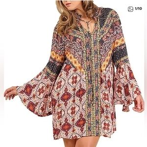 UMGEE Sz Small Boho Printed‎ Tunic Dress Bell Sleeves
